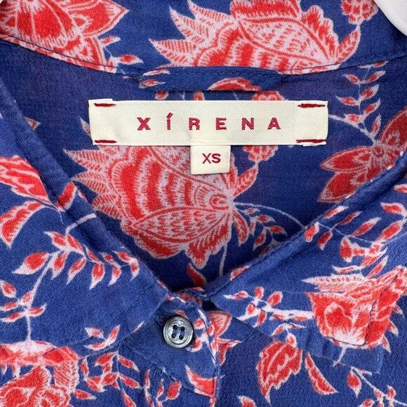 Xirena Blue Red Floral Print Button Down Shirt XS Lightweight Boho Blouse - Picture 6 of 6